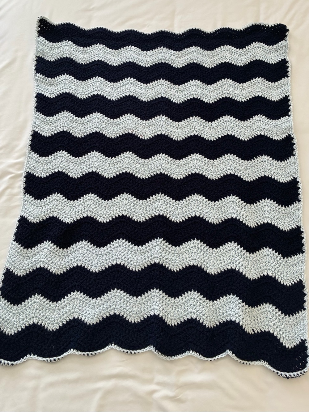 Handmade Crochet Ripple Baby Blanket – Navy and Gray Chevron Afghan 35" x 30" - Picture 5 of 5